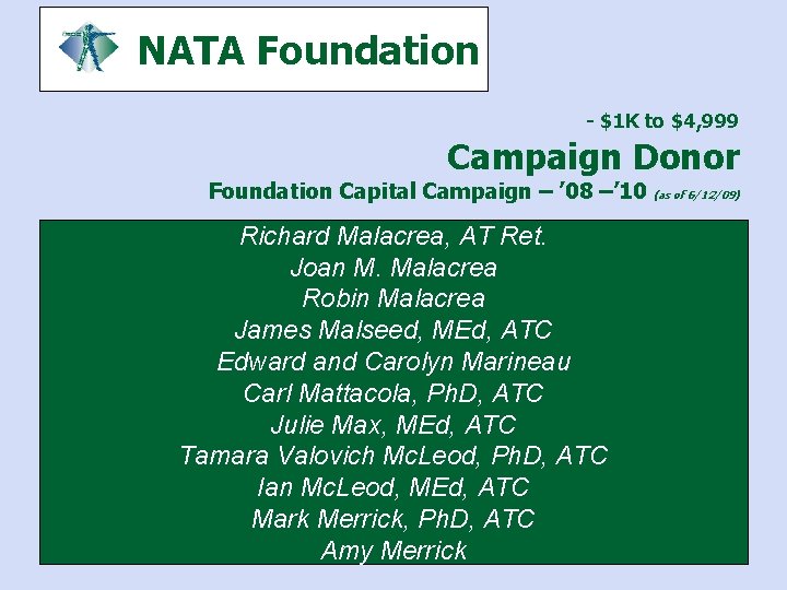 NATA Foundation - $1 K to $4, 999 Campaign Donor Foundation Capital Campaign –