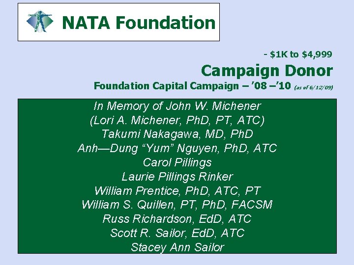 NATA Foundation - $1 K to $4, 999 Campaign Donor Foundation Capital Campaign –