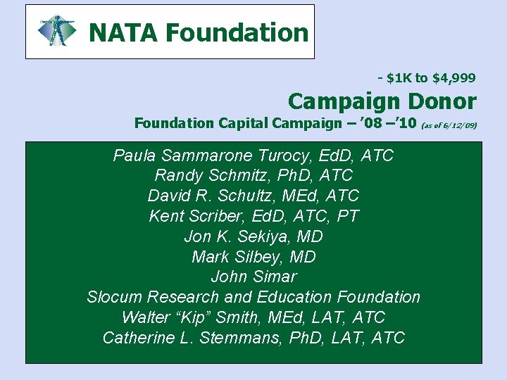 NATA Foundation - $1 K to $4, 999 Campaign Donor Foundation Capital Campaign –