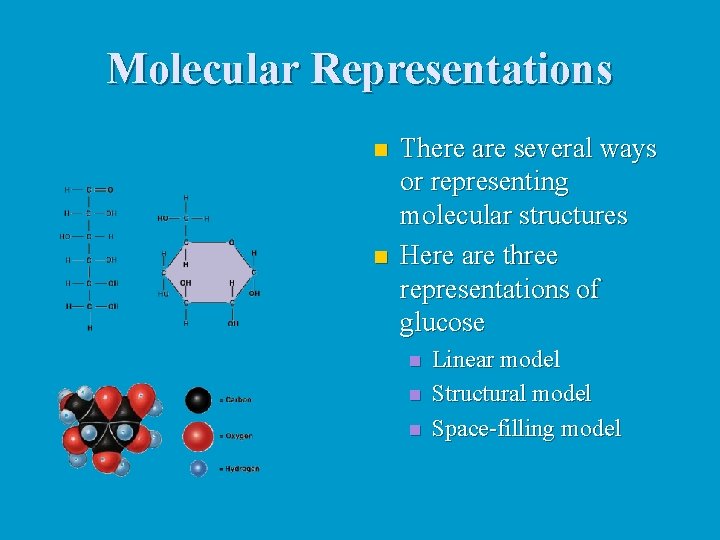 Molecular Representations n n There are several ways or representing molecular structures Here are