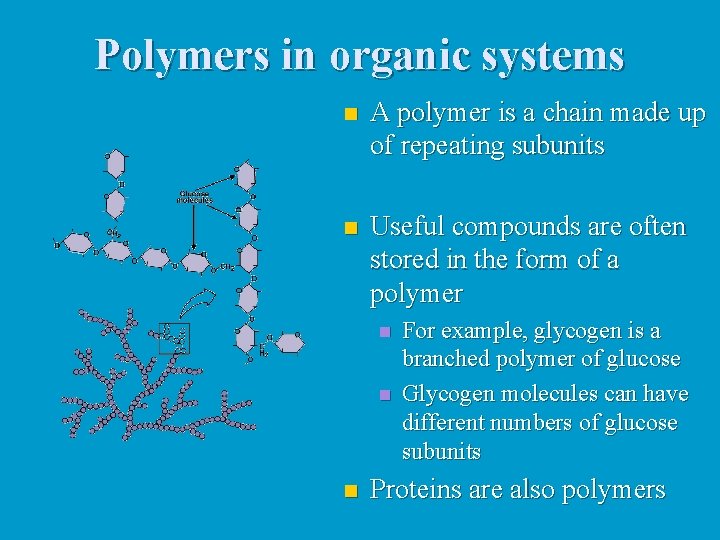 Polymers in organic systems n A polymer is a chain made up of repeating