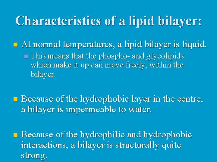 Characteristics of a lipid bilayer: n At normal temperatures, a lipid bilayer is liquid.