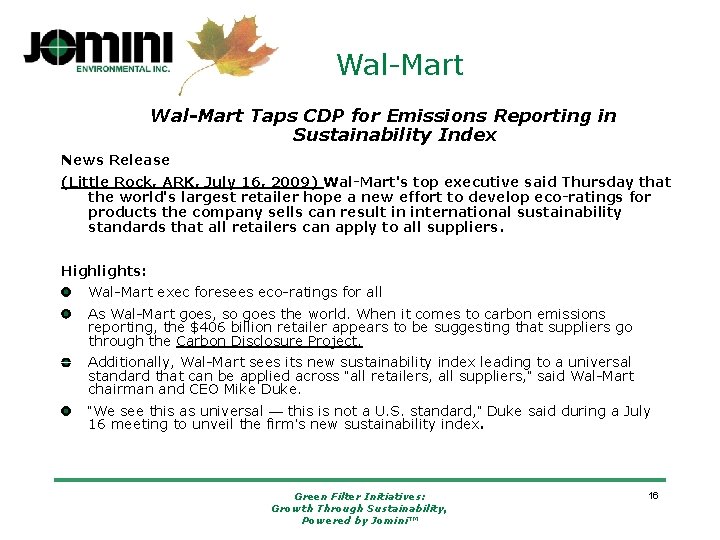 Wal-Mart Taps CDP for Emissions Reporting in Sustainability Index News Release (Little Rock, ARK,