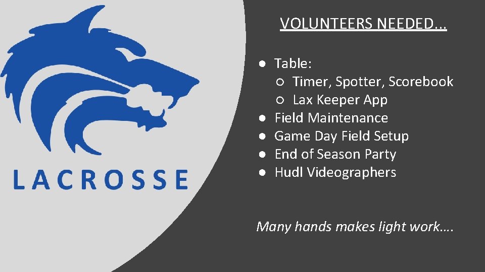 VOLUNTEERS NEEDED. . . ● Table: ○ Timer, Spotter, Scorebook ○ Lax Keeper App