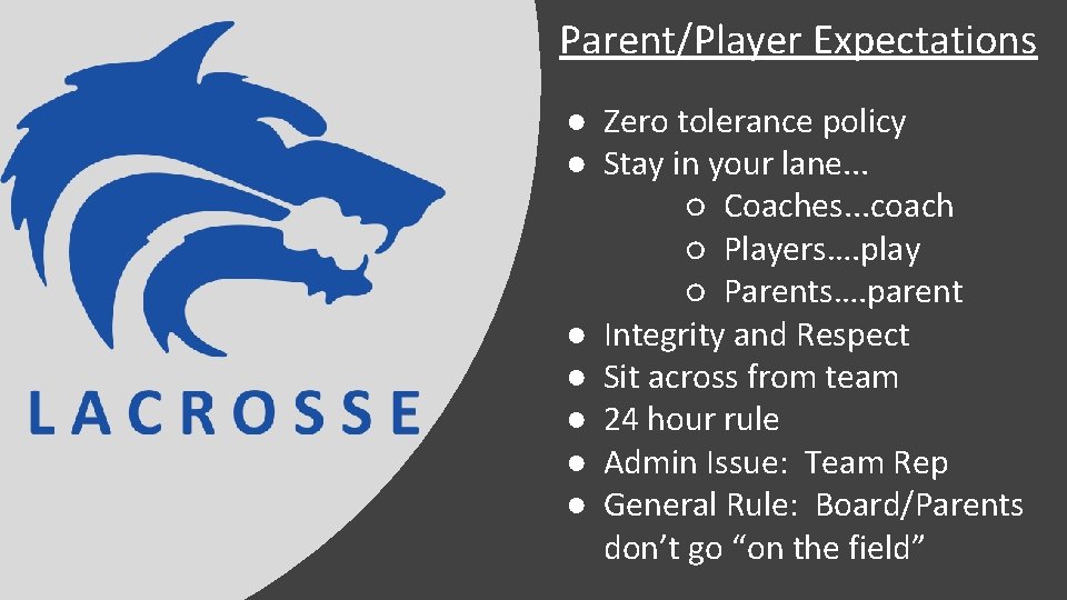 Parent/Player Expectations ● Zero tolerance policy ● Stay in your lane. . . ○