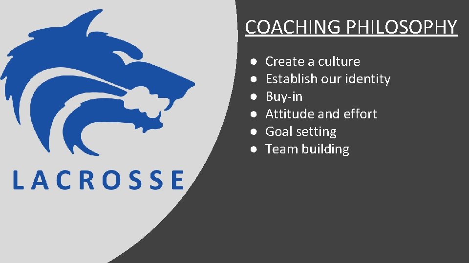 COACHING PHILOSOPHY ● ● ● Create a culture Establish our identity Buy-in Attitude and