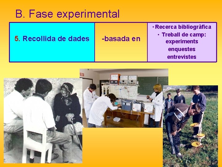 B. Fase experimental 5. Recollida de dades -basada en • Recerca bibliogràfica • Treball