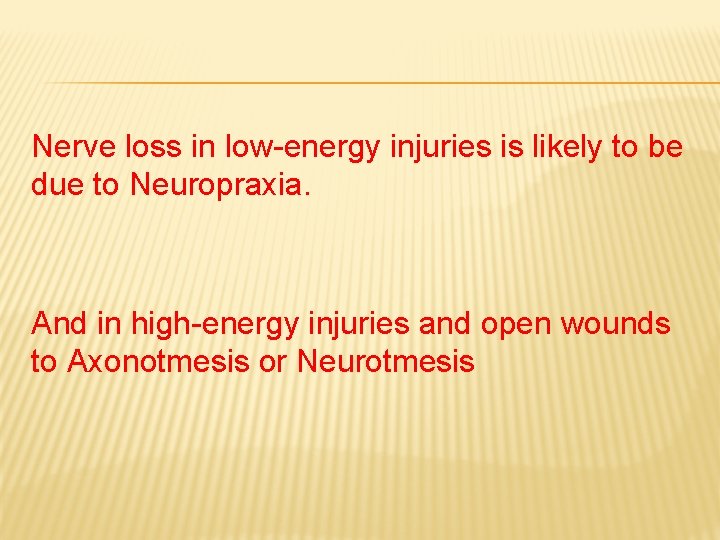 Nerve loss in low-energy injuries is likely to be due to Neuropraxia. And in