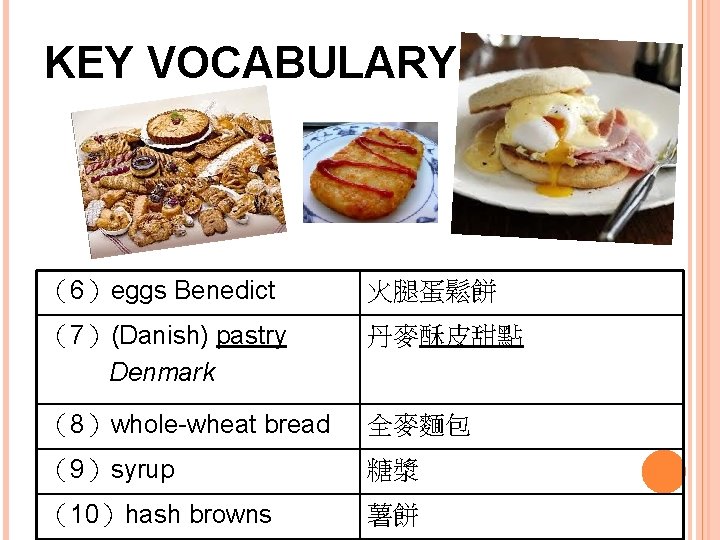 KEY VOCABULARY （6）eggs Benedict 火腿蛋鬆餅 （7）(Danish) pastry Denmark 丹麥酥皮甜點 （8）whole-wheat bread 全麥麵包 （9）syrup 糖漿