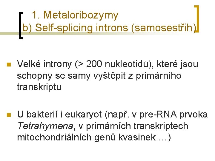 1. Metaloribozymy b) Self-splicing introns (samosestřih) n Velké introny (> 200 nukleotidů), které jsou