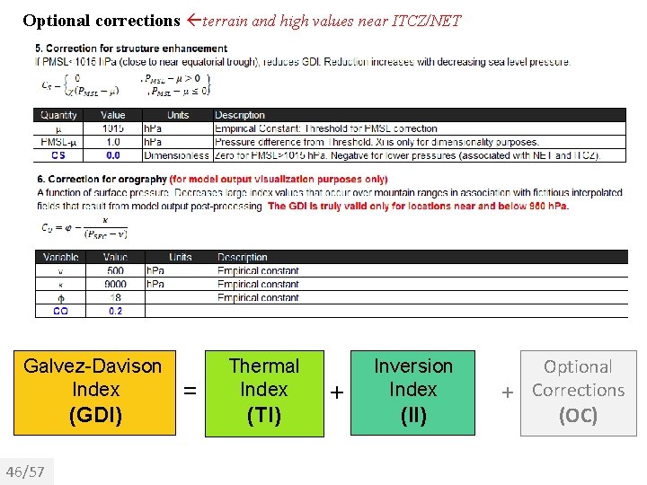 Optional corrections terrain and high values near ITCZ/NET Galvez-Davison Index (GDI) 46/57 = Thermal