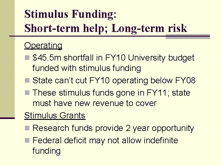 Stimulus Funding: Short-term help; Long-term risk Operating n $45. 5 m shortfall in FY