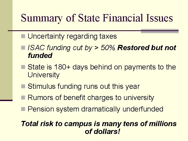 Summary of State Financial Issues n Uncertainty regarding taxes n ISAC funding cut by