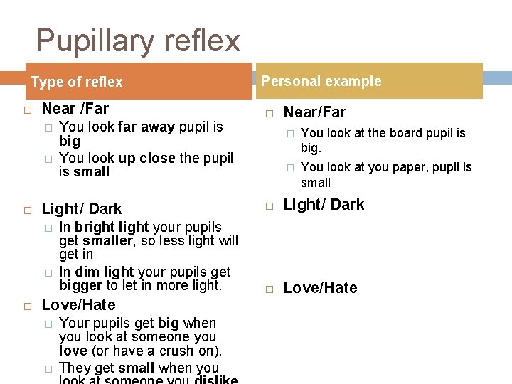 Pupillary reflex Type of reflex Near /Far � � Light/ Dark � � You