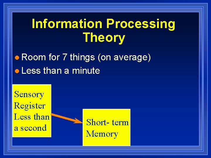 Information Processing Theory l Room for 7 things (on average) l Less than a