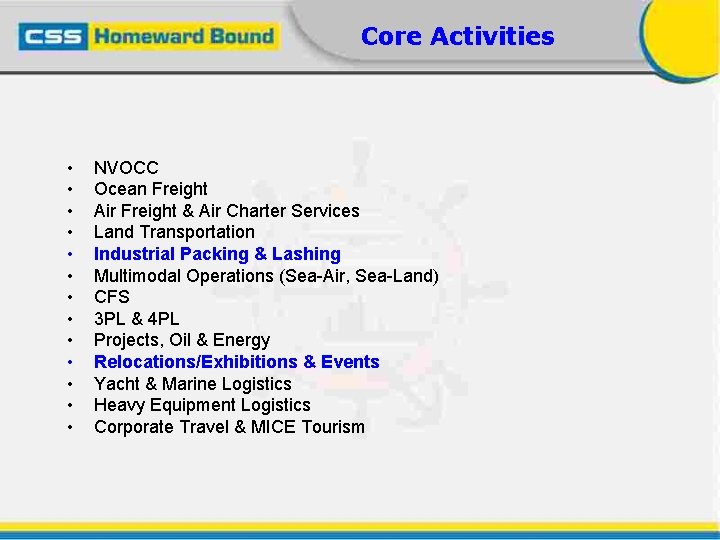Core Activities • • • • NVOCC Ocean Freight Air Freight & Air Charter