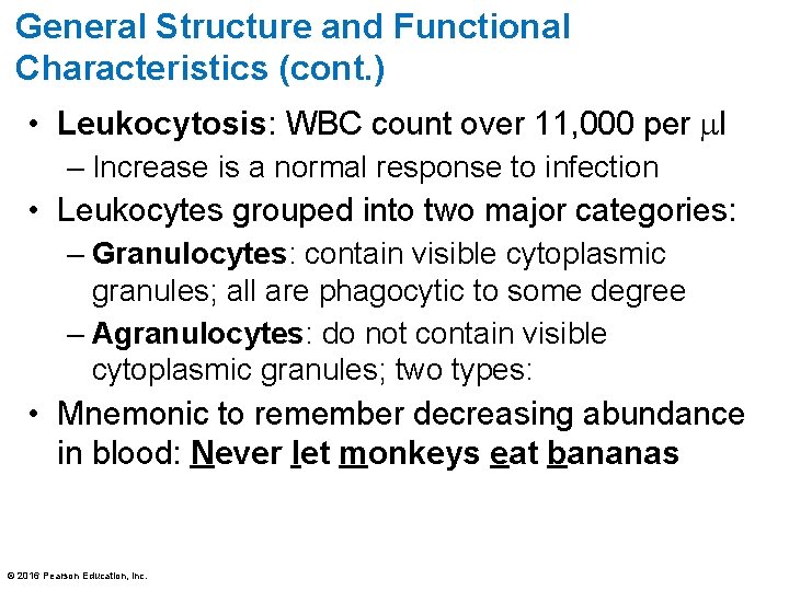 General Structure and Functional Characteristics (cont. ) • Leukocytosis: WBC count over 11, 000