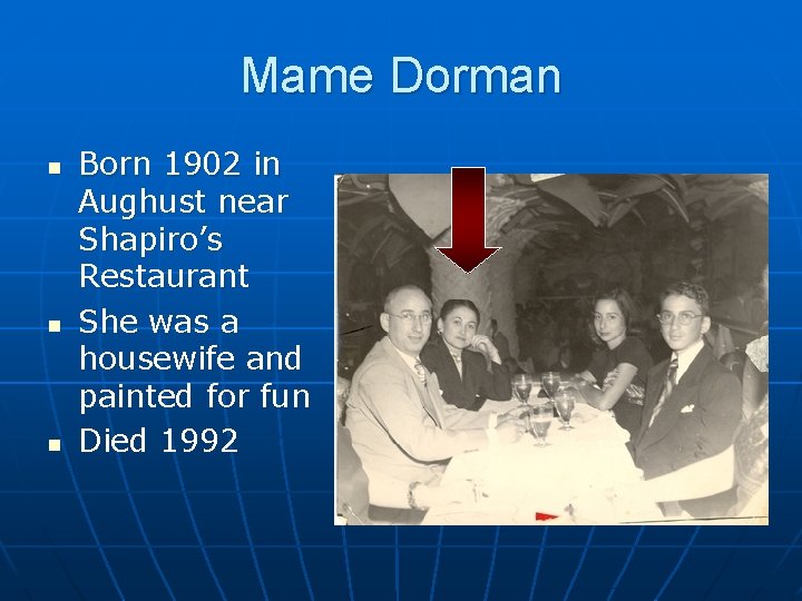 Mame Dorman n Born 1902 in Aughust near Shapiro’s Restaurant She was a housewife