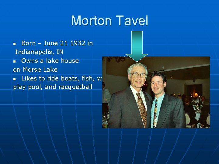 Morton Tavel Born – June 21 1932 in Indianapolis, IN n Owns a lake