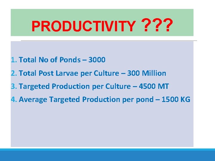 PRODUCTIVITY ? ? ? 1. Total No of Ponds – 3000 2. Total Post