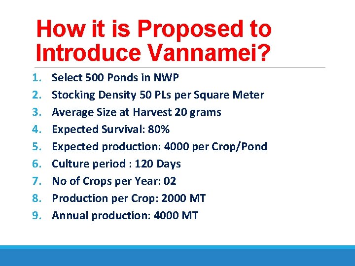 How it is Proposed to Introduce Vannamei? 1. 2. 3. 4. 5. 6. 7.