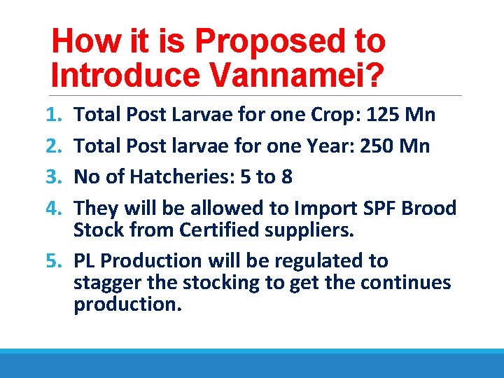 How it is Proposed to Introduce Vannamei? 1. 2. 3. 4. Total Post Larvae