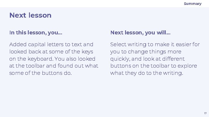 Summary Next lesson In this lesson, you… Next lesson, you will… Added capital letters