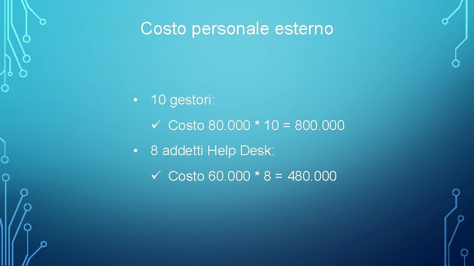 Costo personale esterno • 10 gestori: ü Costo 80. 000 * 10 = 800.