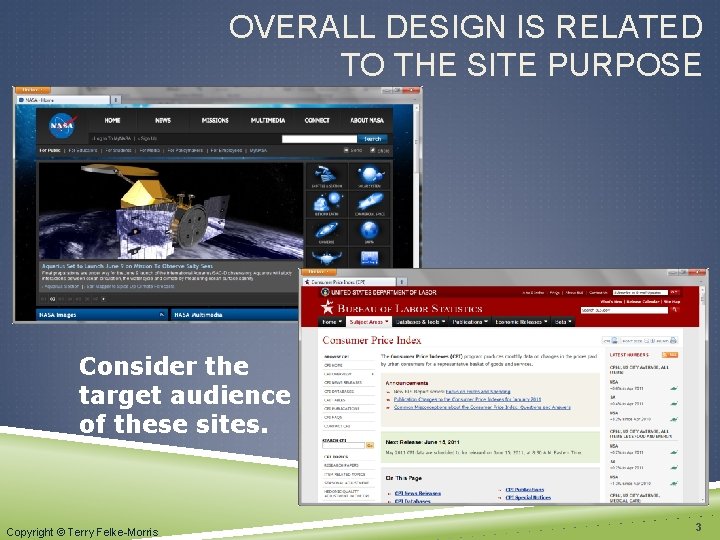 OVERALL DESIGN IS RELATED TO THE SITE PURPOSE Consider the target audience of these