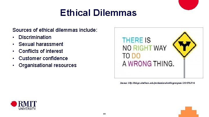 Ethical Dilemmas Sources of ethical dilemmas include: • Discrimination • Sexual harassment • Conflicts