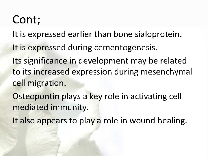 Cont; It is expressed earlier than bone sialoprotein. It is expressed during cementogenesis. Its