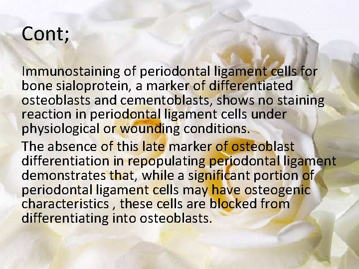 Cont; Immunostaining of periodontal ligament cells for bone sialoprotein, a marker of differentiated osteoblasts