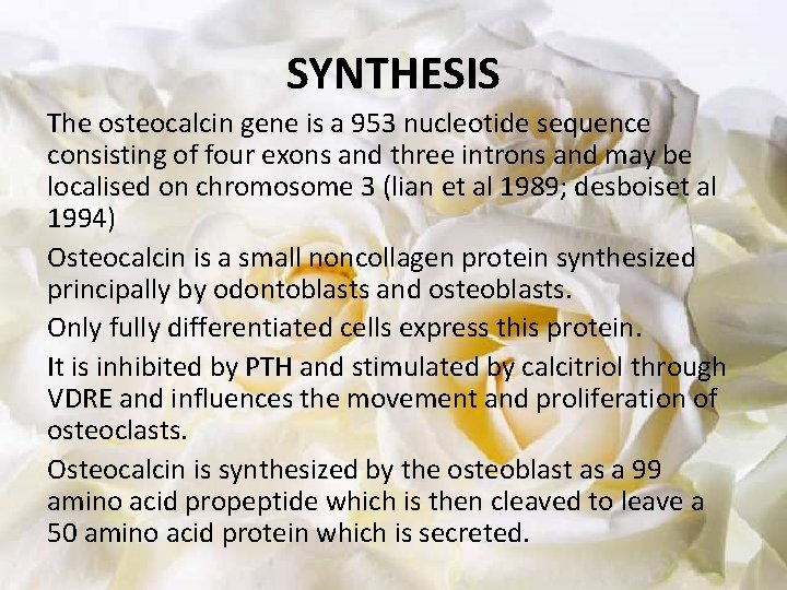SYNTHESIS The osteocalcin gene is a 953 nucleotide sequence consisting of four exons and
