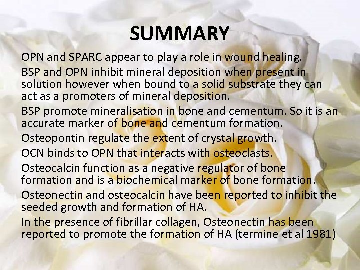 SUMMARY OPN and SPARC appear to play a role in wound healing. BSP and