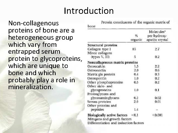 Introduction Non-collagenous proteins of bone are a heterogeneous group which vary from entrapped serum