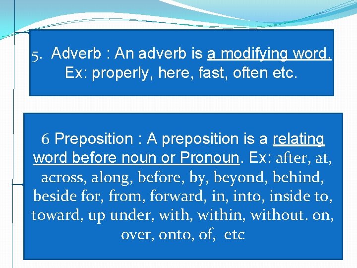 5. Adverb : An adverb is a modifying word. Ex: properly, here, fast, often