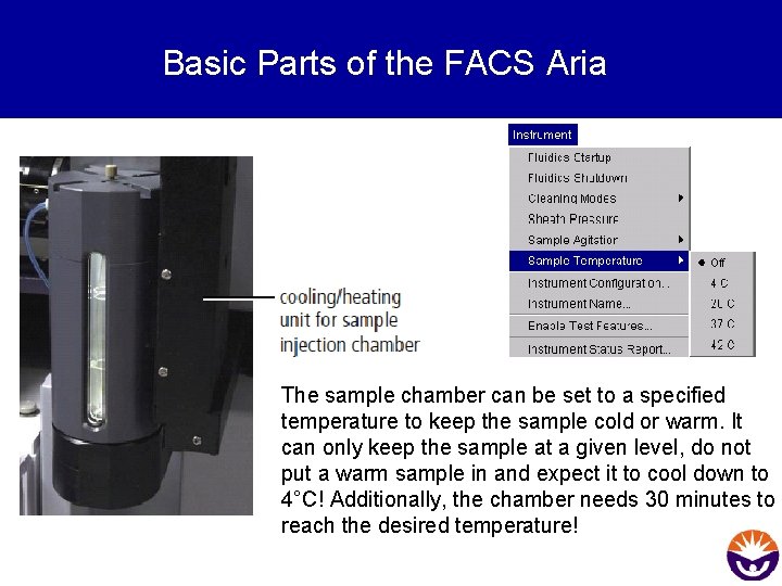 Basic Parts of the FACS Aria The sample chamber can be set to a