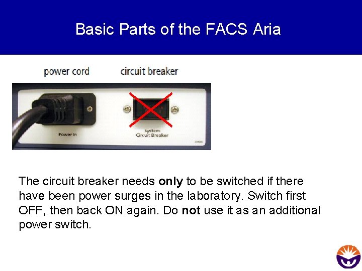 Basic Parts of the FACS Aria The circuit breaker needs only to be switched