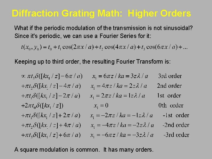 Diffraction Grating Math: Higher Orders What if the periodic modulation of the transmission is