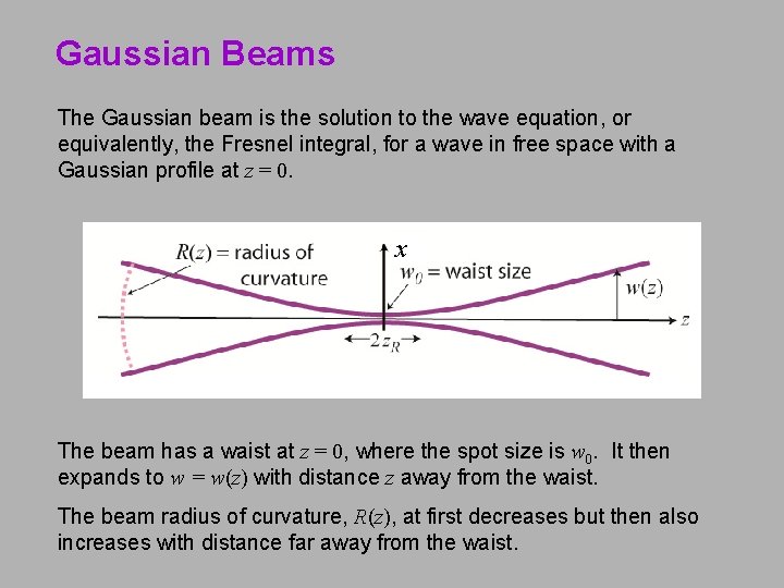 Gaussian Beams The Gaussian beam is the solution to the wave equation, or equivalently,