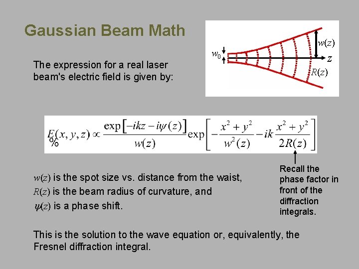 Gaussian Beam Math The expression for a real laser beam's electric field is given