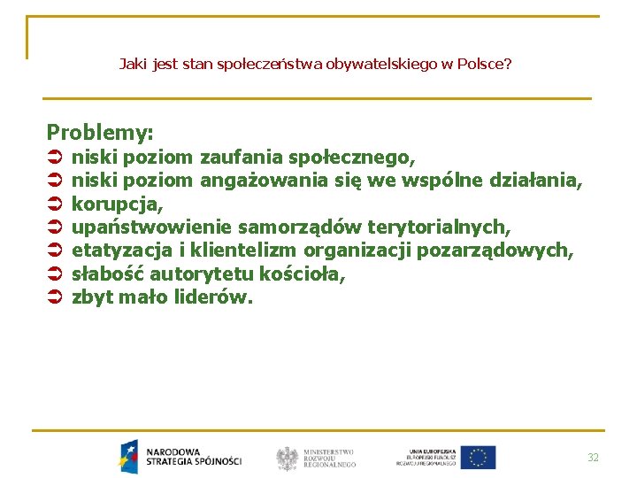 Jaki jest stan społeczeństwa obywatelskiego w Polsce? Problemy: Ü Ü Ü Ü niski poziom