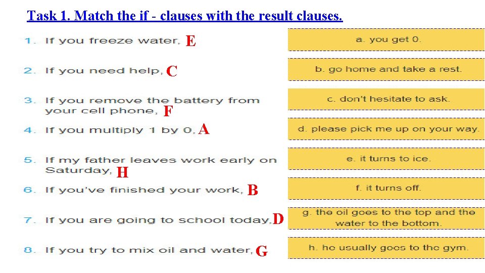 Task 1. Match the if - clauses with the result clauses. E C F Task 1. Match the if - clauses with the result clauses. E C F