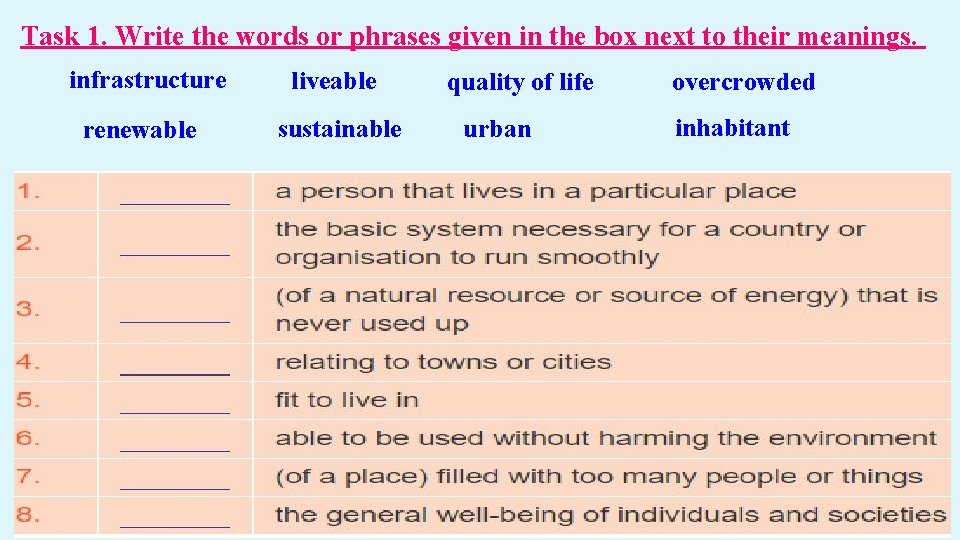 Task 1. Write the words or phrases given in the box next to their Task 1. Write the words or phrases given in the box next to their