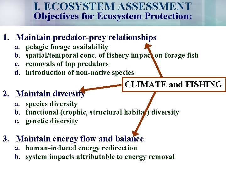 I. ECOSYSTEM ASSESSMENT Objectives for Ecosystem Protection: 1. Maintain predator-prey relationships a. b. c.
