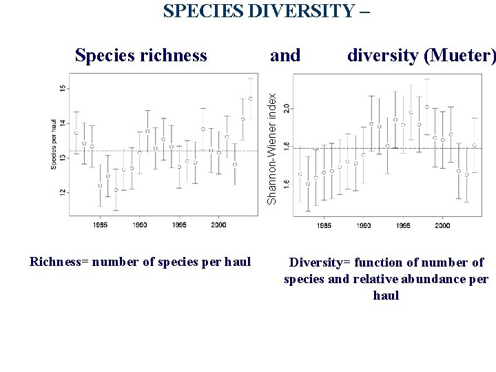 SPECIES DIVERSITY – and diversity (Mueter) Shannon-Wiener index Species richness Richness= number of species