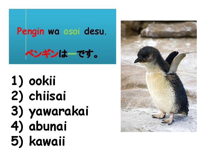 Pengin wa osoi desu. ペンギンはーです。 1) 2) 3) 4) 5) ookii chiisai yawarakai abunai