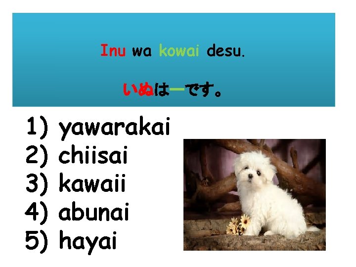 Inu wa kowai desu. いぬはーです。 1) 2) 3) 4) 5) yawarakai chiisai kawaii abunai