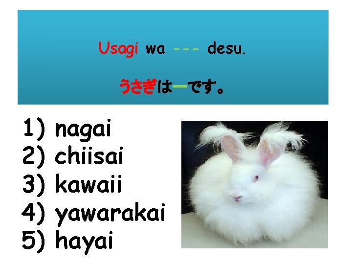 Usagi wa --- desu. うさぎはーです。 1) 2) 3) 4) 5) nagai chiisai kawaii yawarakai