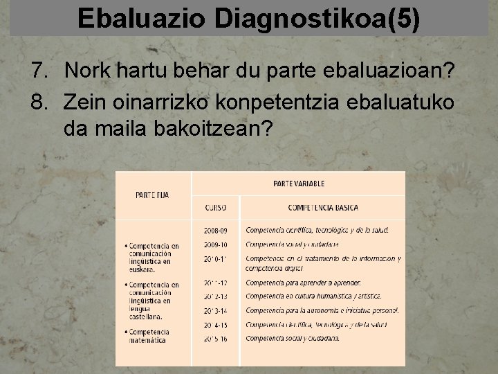 Ebaluazio Diagnostikoa(5) 7. Nork hartu behar du parte ebaluazioan? 8. Zein oinarrizko konpetentzia ebaluatuko
